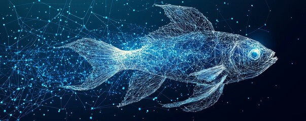 Digital wireframe fish illustration on dark blue background