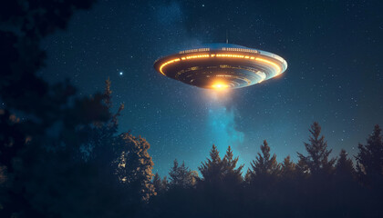 Naklejka premium eerie alien ufo abduction lit up in the night sky made 