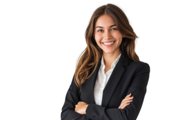 Smiling businesswoman with arms crossed in professional attire, isolated on white background