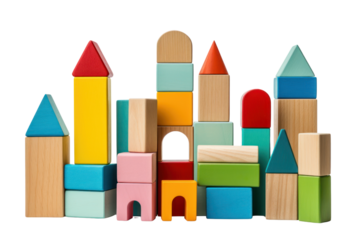 colorful set of wooden building blocks of various shapes and sizes. ,Isolated on white background