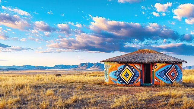 Colorful traditional Ndebele hut in South African plains at sunset