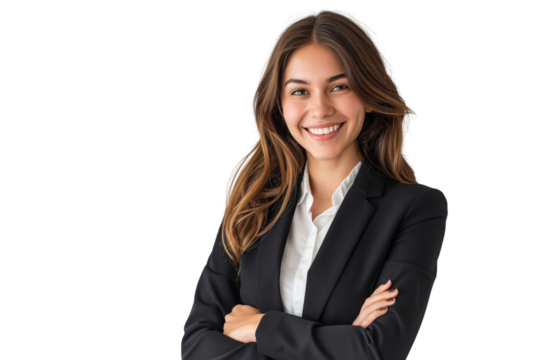 Smiling businesswoman with arms crossed in professional attire, isolated on white background