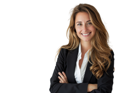 Smiling businesswoman with arms crossed in professional attire, isolated on white background.