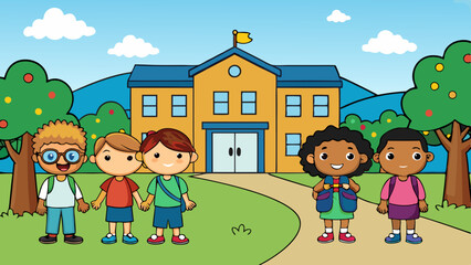 kids outside the school vector illustration