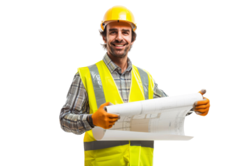 Smiling construction worker holding a blueprint, wearing a yellow hard hat and reflective vest, isolated on white background