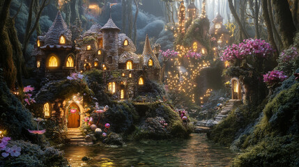 Obraz premium Create a whimsical or fantastical setting where dolls come to life, interacting with each other in a magical forest, a fairy-tale castle, or an enchanted garden, adding an element of wonder 