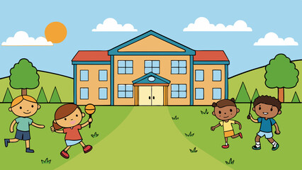 kids outside the school vector illustration