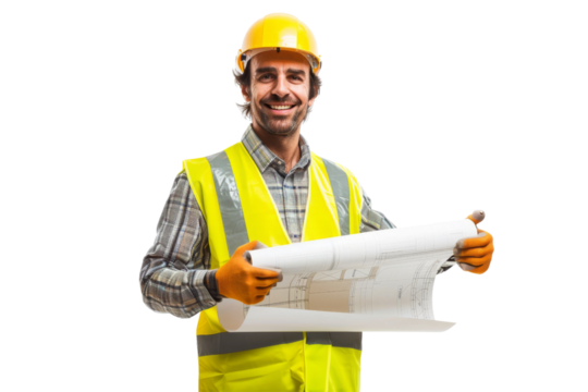 Smiling construction worker holding a blueprint, wearing a yellow hard hat and reflective vest, isolated on white background