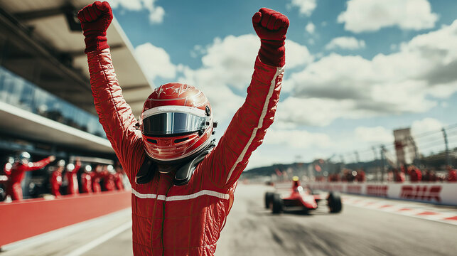 Racing driver celebrating victory with team at the finish line