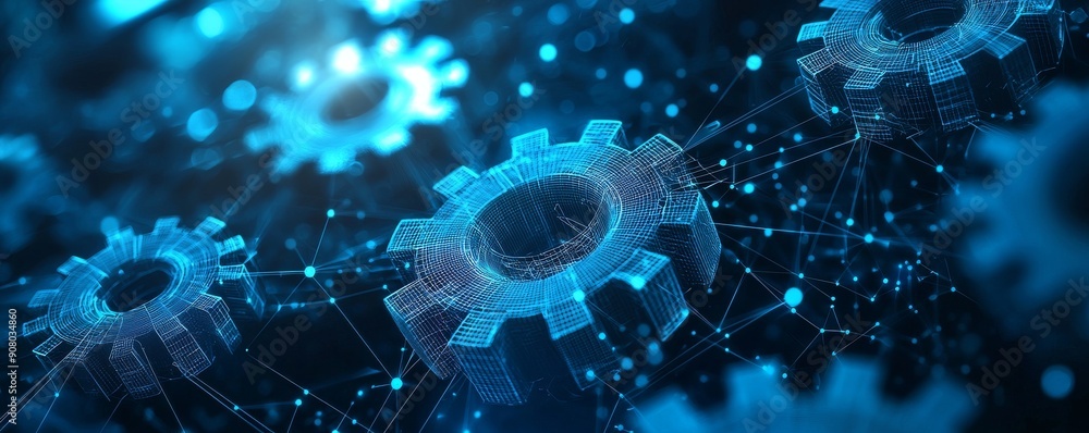 Poster digital wireframe gears interconnected with a network in a futuristic blue background