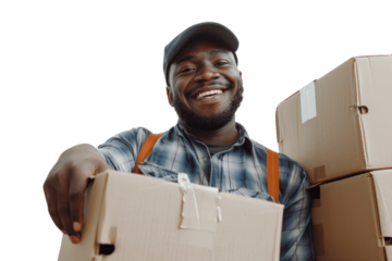 Smiling warehouse employee with boxes, showing positive attitude, white background