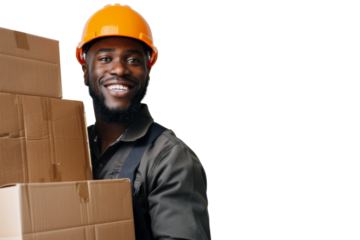 Smiling warehouse employee with boxes, showing positive attitude, white background