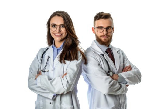 Smiling male and female doctors standing together isolated on white background