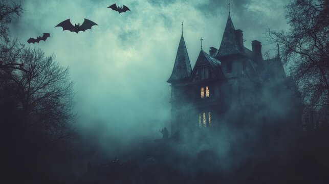 Haunted mansion with bats and fog, Halloween night, copy space - Powered by Adobe