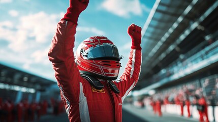 Race driver celebrating victory at the racetrack in red racing suit