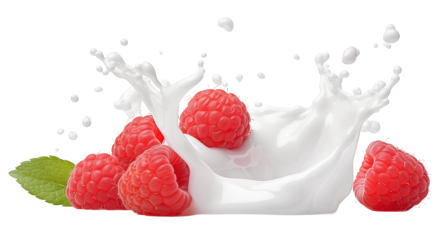 Raspberry fruit dropped in yogurt or milk splash. Fruit and yogurt.
