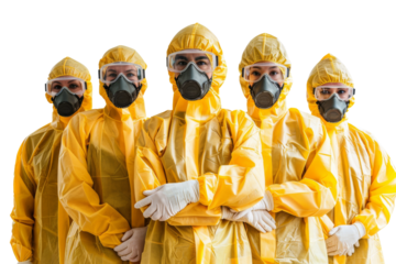 Team in protective workwear collaborating in industrial factory Isolated on white background