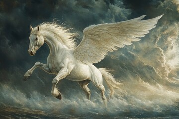 Fototapeta premium Elegant Pegasus with Outstretched Wings Flying Against a Stormy Backdrop, Capturing the Essence of Heroic Legends and Mythical Adventure, ai