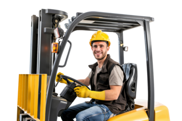 Warehouse staff operating a forklift Isolated on white background