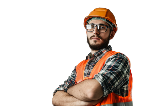 Warehouse employee wearing safety vest and helmet Isolated on white background
