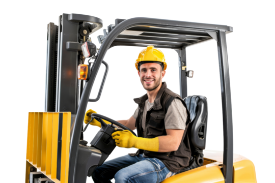 Warehouse staff operating a forklift Isolated on white background