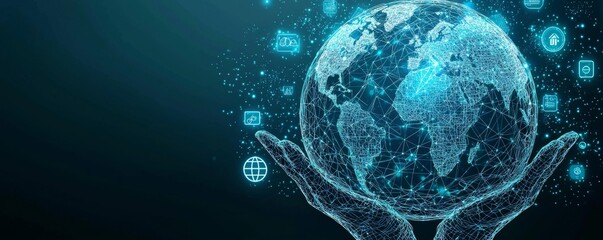 Digital wireframe hands holding a glowing globe with technology icons