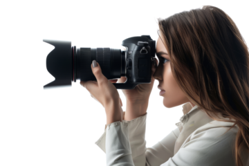 Woman photographer looking through the camera viewfinder Isolated on white background