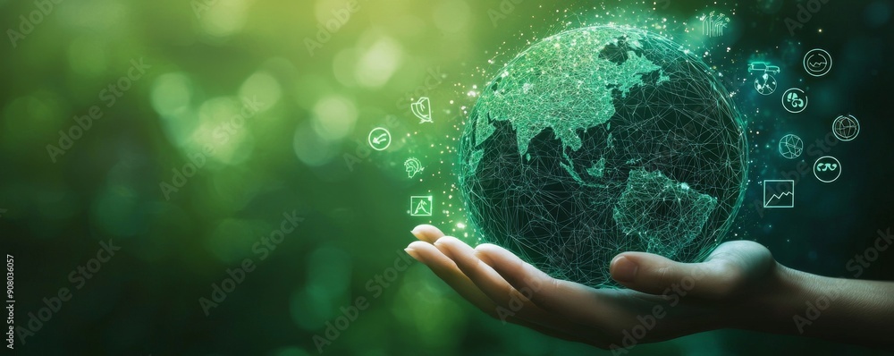 Poster wireframe hands holding digital globe evoking global connection and technology concepts