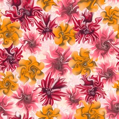 Discover a seamless pattern featuring meta flowers and cosmic buds, blending vibrant colors and whimsical designs for a unique, artistic touch in any project.