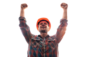 Worker in hard hat, arms raised, feeling accomplished. Isolated on white background