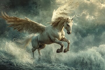 Fototapeta premium Elegant Pegasus with Outstretched Wings Flying Against a Stormy Backdrop, Capturing the Essence of Heroic Legends and Mythical Adventure, ai