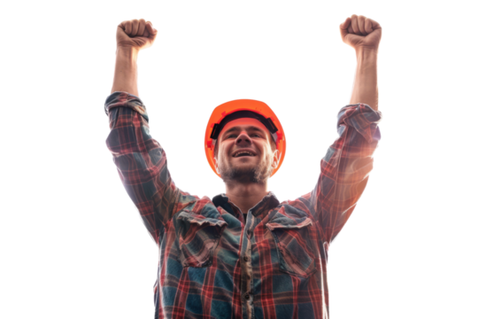 Worker in hard hat, arms raised, feeling accomplished. Isolated on white background