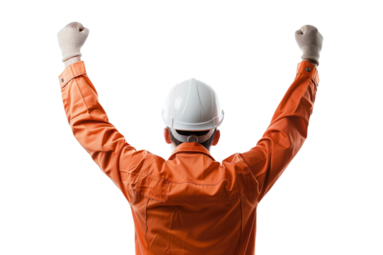 Worker in hard hat, arms raised, feeling accomplished. Isolated on white background