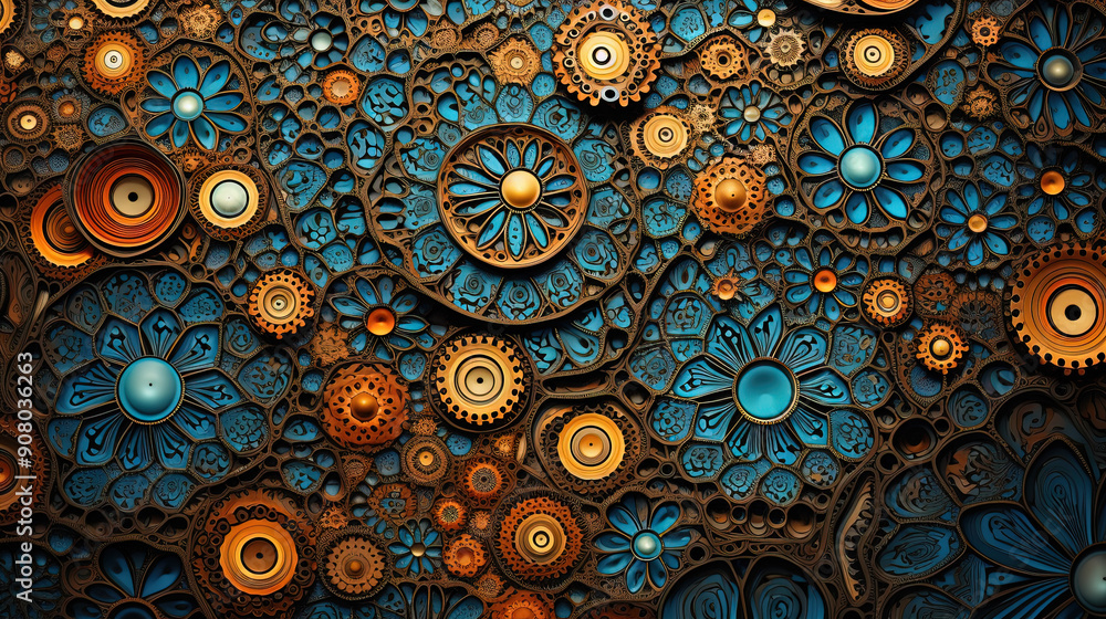 Poster abstract fractal ornament with floral elements and dotted texture.