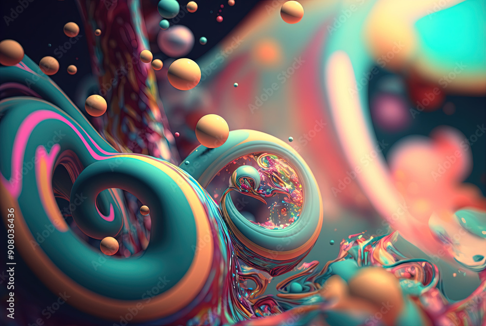 Poster Abstract background with colorful fractals. Surreal composition with fluid waves of liquid metal.