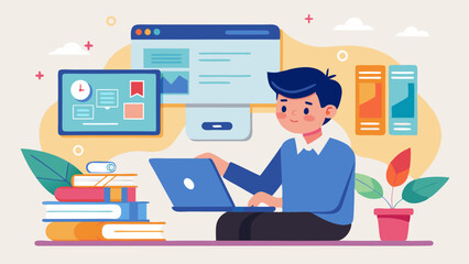 seorang siswa yang sedang membuka website jurusanku vector illustration