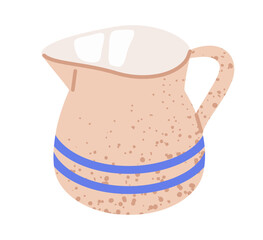 Milk jug. Fresh milk dairy product in ceramic jar, porcelain pitcher full milk flat vector illustration. Kitchen milk decanter on white background
