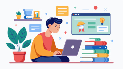 seorang siswa yang sedang membuka website jurusanku vector illustration