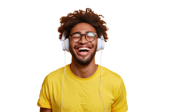 Young ethnic man with glasses wearing headphones and a yellow t-shirt, laughing , Isolated on white background - Powered by Adobe