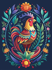 Fototapeta premium A Colorful Rooster Surrounded by Floral Designs