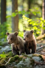 Obraz premium Two baby bears standing on a mossy rock in a forest
