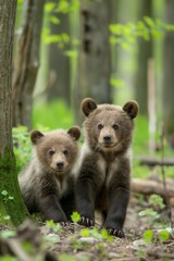 Obraz premium Two baby bears are sitting next to each other in a forest. They are both brown and looking at the camera