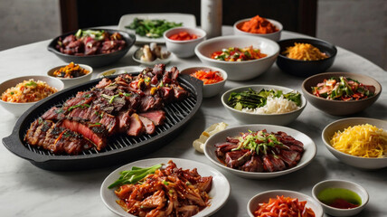 Obraz premium sizzling, aromatic Korean bbq, spread across a pristine
