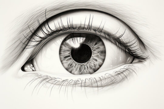 close-up shot of a pencil drawing of a detailed eye, isolated on a white background