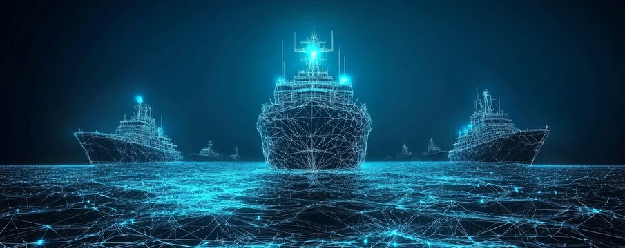 Wireframe illustration of maritime vessels on a digital ocean background