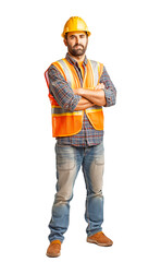 A male builder in an orange vest and helmet stands on a white background
