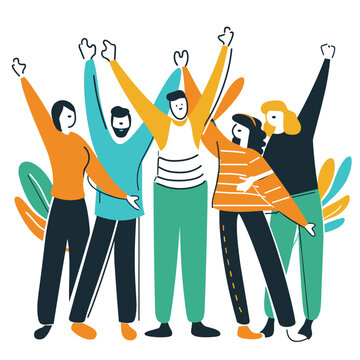 Five diverse figures celebrate unity raising arms, expressing joy camaraderie. Casual clothing bright colors, mixed genders, likely young adults, outdoors setting. Modern flat style art abstract