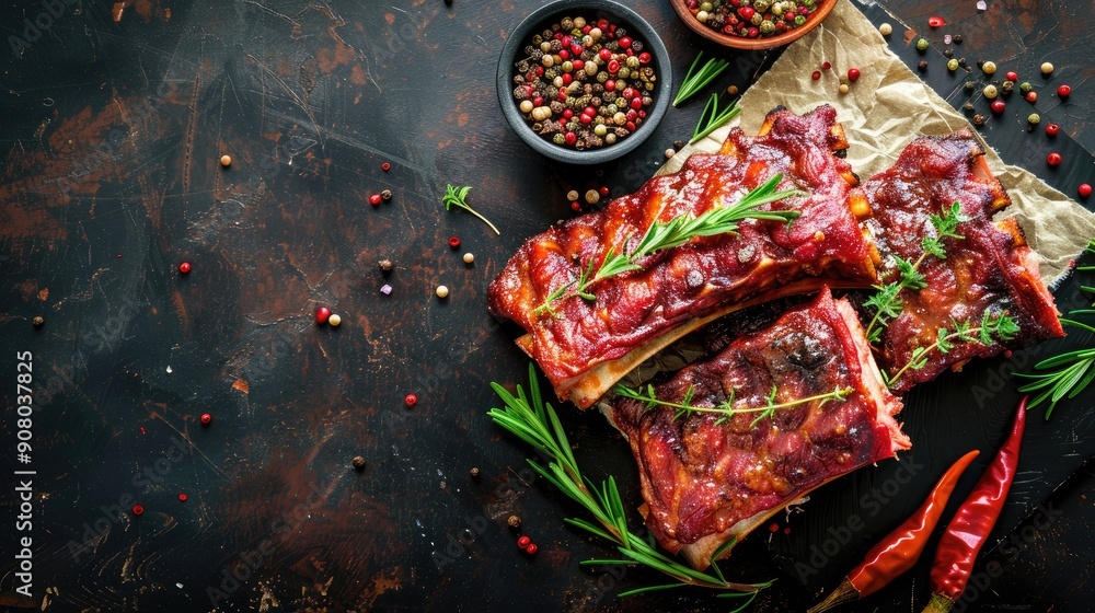 Poster fresh pork ribs with aromatic spices and herbs on rustic table top view with copy space