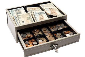close-up of a cash register's money drawer filled with cash and coins, isolated on a white background