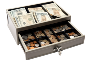 close-up of a cash register's money drawer filled with cash and coins, isolated on a white background